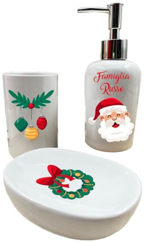 Set 3 Pezzi Accessori Organizer Bagno in Ceramica Lavandino Dispenser Sapone Porta Saponetta Spazzolini Personalizzati con Cognome Famiglia Idea Regalo Natale 2023 Addobbi Decorazioni Natalizie Casa