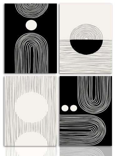 Dazzlewall Boho Schwarze und Weiße Wandbilder Abstrakte Geometrische Linie Leinwand Bilder für Schlafzimmer Wohnzimmer Deko 30x40 cm 4er Set Ohne Rahmen