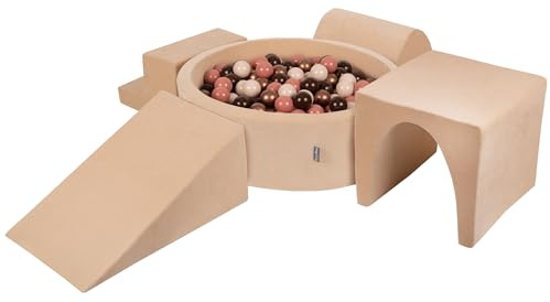 KiddyMoon Spielplatz Velvet Aus Schaumstoff Mit Samt Rund Bällebad (200 Bälle) Ballgruben Für Babys Spielbad Hindernisläufen, Sandbeige:Braun/Kupferrot/Pastellbeige/Lachsfarben