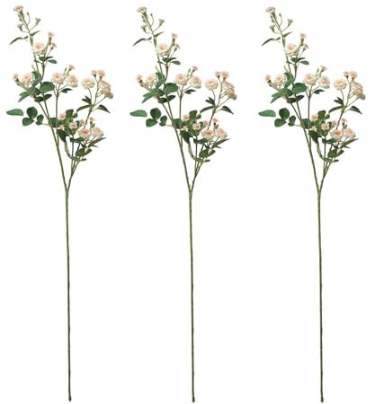 belupai 3pcs Artificial Rose Flowers Branches, 28.7in Long Stem Fake Silk Roses Stems Multi Heads Mini Champagne Roses Flowers Bushes for DIY Wedding Bouquet Table Centerpiece Home Decor