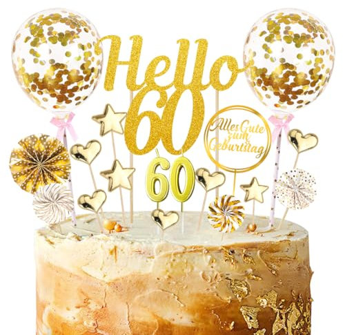 20 PCS Tortendeko 60 Geburtstag Frau Mann, Glitzer 60 Geburtstag Cake Topper, Hello 60 Torten Topper, Cake Topper 60 Geburtstag, Kuchendeko 60, Deko 60 Geburtstag Mann mit Geburtstagskerzen