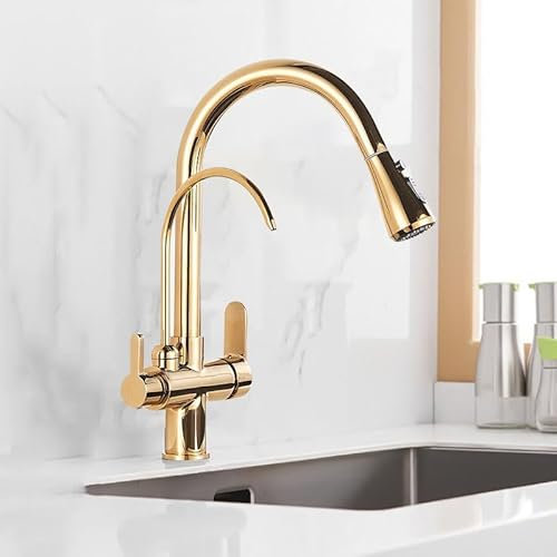 ZYCDP 3 Way Kitchen Mixer Taps with Drinking Water Filter Tap, Brass Kitchen Tap with Pull Out Spray, 360° Swivel 3 Way Kitchen Tap, Gold