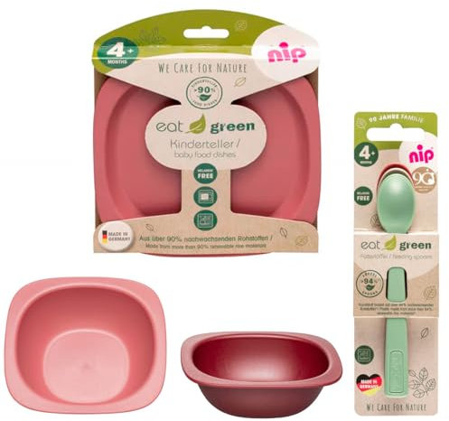 NIP Eat Green Geschirrset ab 4. Monat, 2 Teller, 2 Breischale, 3 Eat Green öko bio Babylöffel,Spülmaschinenfest,Mikrowellegeeignet, BPA frei, Melamin frei, PVC frei, Made in Germany,