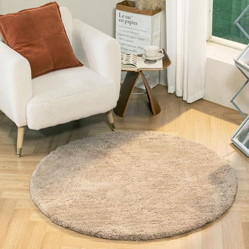 Latepis Teppich Rund Beige Flauschig 90 cm Schlafzimmer Badteppich Fellteppich Wohnzimmer Kleiner Runder Kunstfell Teppich Kinderzimmer Waschbar rutschfest