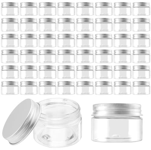 TAICHEUT 50 PCS 30ml Clear Plastic Jars, 1oz Transparent Storage Sample Jar with Aluminum Screw Lids, Small Empty Sample Pots Containers for Handicrafts, Candy, Make Up