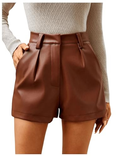 SOLY HUX Damen PU Leder Short Booty Shorts Party Shorts Herbst Kurze Hosen Festival Outfit Clubwear Hotpants mit Taschen Braun M