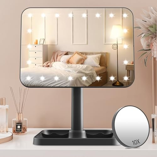 FASCINATE Rechargeable Makeup Vanity Mirror with Lights, Light Up Vanity Mirror for Dressing Table Bathroom Desk, Dimming Touch Sensor Portable Travel Mirror with Detachable 10X Magnifying (L1C_Black)