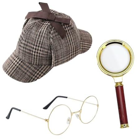 ASFWAGQ 3 PCS Detektiv Kostüm 20er Jahre Detektiv Kostüm Accessoires mit Detektiv Hut Brille Lupe Detektiv Cosplay Requisiten Einheitsgröße für Karneval Cosplay Party