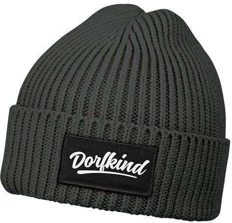 MoonWorks® Herren Beanie mit Patch Strickmütze mit Spruch Dorfkind Aufdruck Lustig Mütze Männer Dunkelgrau Unisize