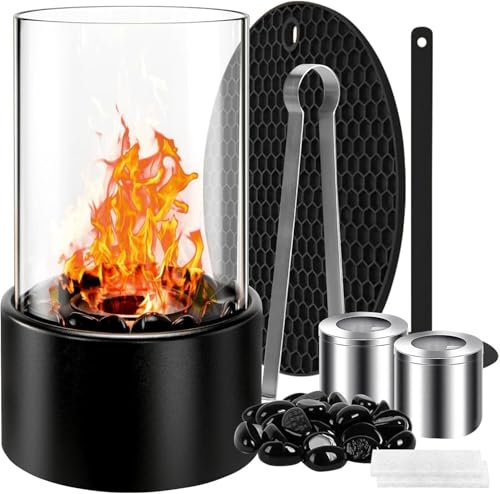SFQEVHRZ Tischkamin， Mit dekorativen Steinen und 2 Brennkammern, Tischkamin for unbegrenzte Brenndauer, Tischfeuerstelle