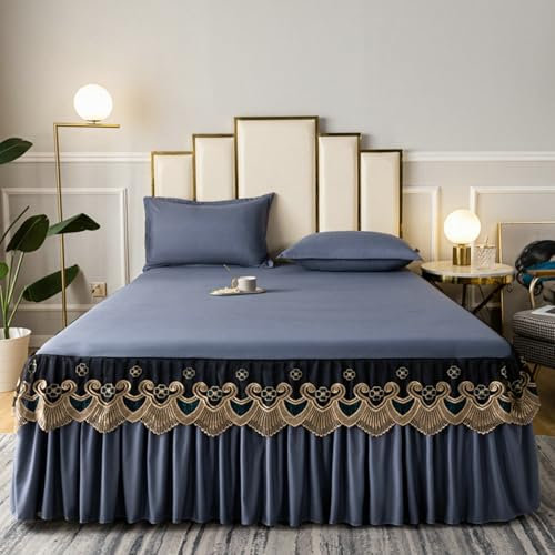 Grewod Bettrock 120x200 Höhe 45 cm, Baumwolle Betttuch Dunkelgrau Spitze Bestickt Rüschen Bettlaken Bettvolant