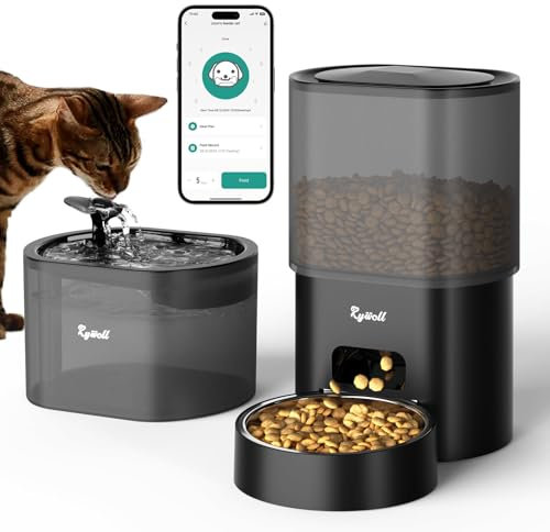 Automatic Cat Feeder and Water Fountain, Rywell 3L WiFi Timed Pet Food Dispenser and 2.5L Water Dispenser with APP for Cats and Dogs, Voice Recorder, Stainless Steel Bowl, Low Noise, Dual Power Supply