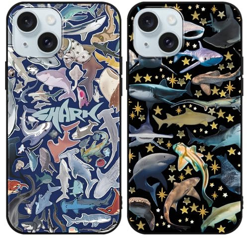 Phoona 2 Packs Shark Star Pattern Phone Case for iPhone 15 6,1, Cute Aesthetic Design Print Funda with TPU Slim Liquid Silicone Protection Shockproof Soft Cover for Women Girls