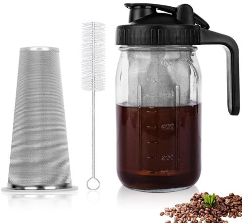 Cold Brew Kaffeeflasche, 64/907.2 g Mason Jar Pitcher mit Edelstahlfilter, Ausgießer Griff Deckel, robustes Glas, luftdicht, auslaufsicher, Krug für Eiskaffee, Tee, Limonade