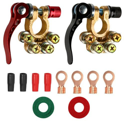 2 PiecesBattery Terminal Connector, 4-Way 12V/24V Car Battery Terminals Clamp, Quick Release Positive and Negative Car Battery Terminal Connector Clamp for Trucks, Buses, RVs