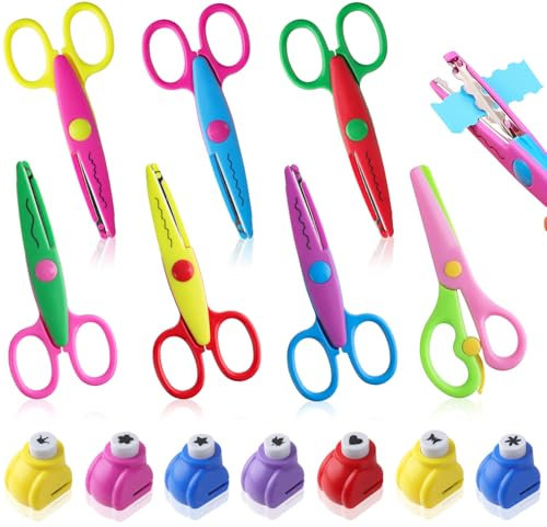 14 Stück Kinder Bastelscheren Set,Kinderschere ab 2 jahre für Kunsthandwerk,7 Stück Zick Zack Schere und 6 Stück Papierstanzer für Scrapbooking, Kinderdesig