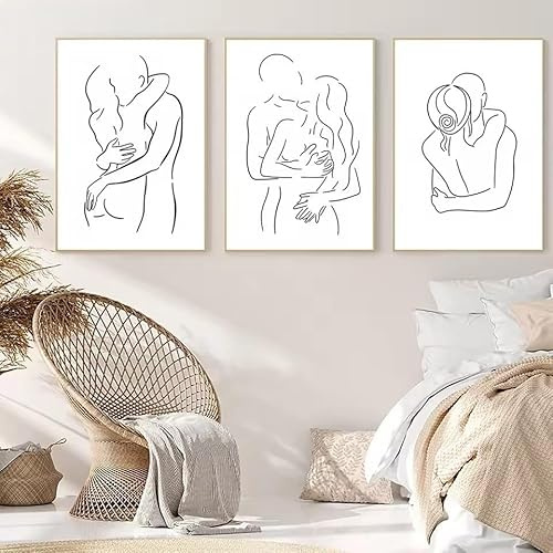 JIANGSHANDAIYOUCAIREN Paar Wandkunst Leinwand Malerei Linie Zeichnung Liebe Kuss Poster Und Drucke Nordische Bilder Schlafzimmer Dekor Kein Rahmen-30x40cmX3