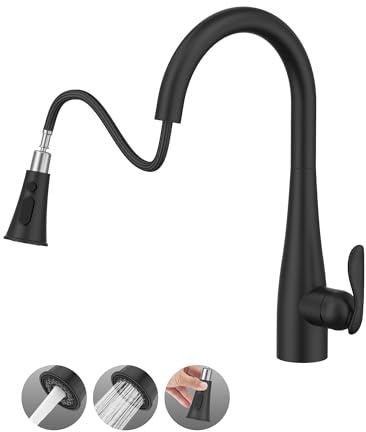 Mbillion Wasserhahn Küche, Hochdruck Küchenarmatur mit Brause, Armatur Küche mit 3 Strahlarten, 1 oder 3 Löcher, für Bauernhaus, Gewerbe, Wohnmobil, Wäscherei (mattschwarz)