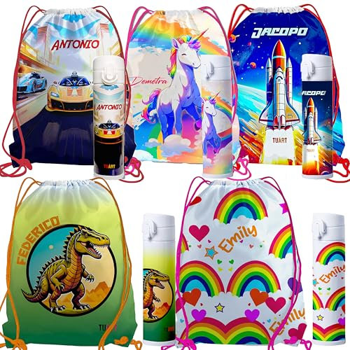 Generico Set Personalizzato sacca + borraccia,scuola TUART, Auto, Dinosauri, Arcobaleni con Nome, 34x42 cm