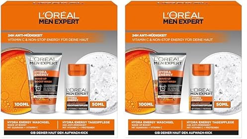 L'Oréal Men Expert Pflegeset gegen müde Haut für Männer, Geschenkset mit Waschgel und Gesichtscreme 24H Anti-Müdigkeit, Geschenke für Herren mit Vitamin C, Hydra Energy, 1 x 100 ml, 1 x 50 ml