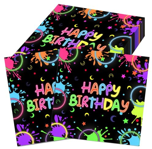 48 Stück Servietten Geburtstag, 33 x 33cm Happy Birthday Party Servietten | Cocktail Servietten Neon Thema Napkins, Einweg Geburtstagsdeko Papierservietten für Junge Mädchen Geburtstag Party Deko