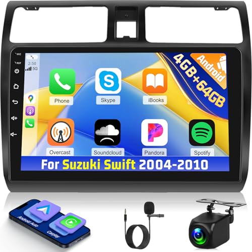 NHOPEEW 4+64G Radio Voiture pour Suzuki Swift 2004-2010 - Radio Android 9 Pouces avec sans Fil Carplay et Android Auto - Mirror Link 32EQ DSP Écran Divisé + Caméra de Recul & Microphone