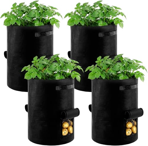 BAIEGOED 4-Pack Felt Potato Grow Bags - 12.5 Gallon (57L) Heavy Duty Non-Woven Planters with 2 Viewing Windows & Reinforced Handles for Vegetables & Fruits (Garden Planting Containers)