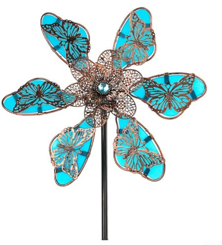 Mulino a vento fluorescente a forma di farfalla, 90 cm, decorazione da esterni per cortile e giardino, con telaio in metallo, ruota con il vento e si illumina di notte, per patio e prato (blu)
