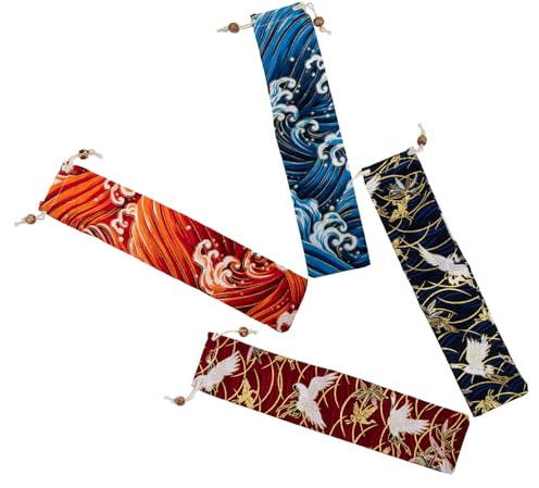 KICHOUSE Aufbewahrungsbeutel 4 Stück Pack für Besteck und Kamm Japanischer Stil Waschbare Stofftaschen mit Kordelzug für Hausgebrauch und Gastronomie