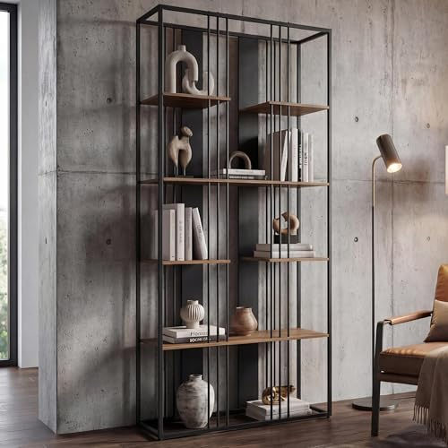 Mendler Regal HWC-P12 180x80x31cm Metall - schwarz, braun | Bücherschrank, Hochschrank, Industrial, Melamin, MVG-Zertifiziert