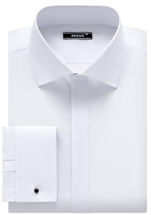 REXIUD Chemise de smoking pour homme - Col coupe-vent, boutonnière dissimulée, poignets rabattables, chemise stretch d'affaires et de mariage