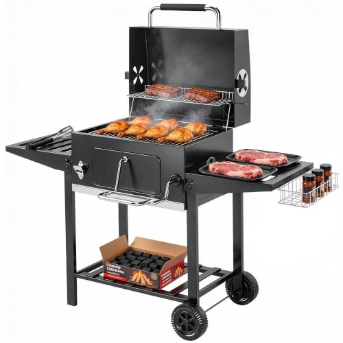 Outsunny Barbecue Carbonella con Griglia Vasca Carbone Regolabile Nero | Sfiati,Carrello BBQ Barbecue Portatile con Coperchio,Ripiani Pieghevoli,Termometro,Cestino,Ganci,Ruote,per Campeggio