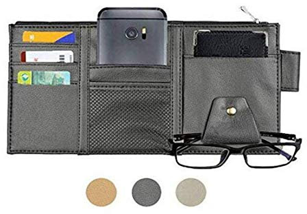 Itenqi Car Sun Visor Organizer, Auto Interior Accessories Sunglass Pen CD Card Slots Document Pouch Holder PU Leather Multi-Pocket With Zipper Black