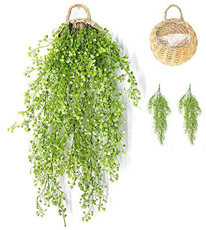 ANZOME Kunstpflanze Hängend Künstliche Pflanzen mit Holzkorb, Hängepflanze Künstlich Efeu Künstlich 107cm für Büro, Küche, Garten, Party Wanddekoration (Weiße Weide)