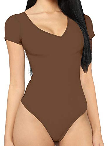 MANGDIUP bodysuit for women Short Sleeve V-Neck Casual Stretchy Basic T Shirt Bodysuit, Brown, Large