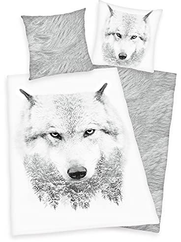 Klaus Herding GmbH Flanell Bettwäsche Set mit Wolf 155 x 220 cm 80 x 80 cm Übergröße