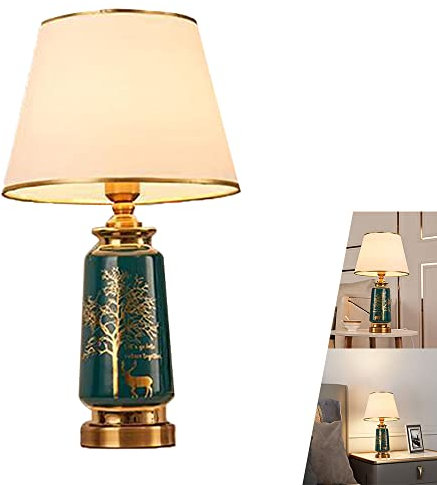 Tischlampe Keramik Vintage Europäischer Kreative Keramik Wohnzimmer Tischleuchte Metall E27 Einfache Nachttischlampe mit Lampenschirm Stoff Runde Form Arbeitszimmer Esszimmer Büro Schlafzimmer, grün