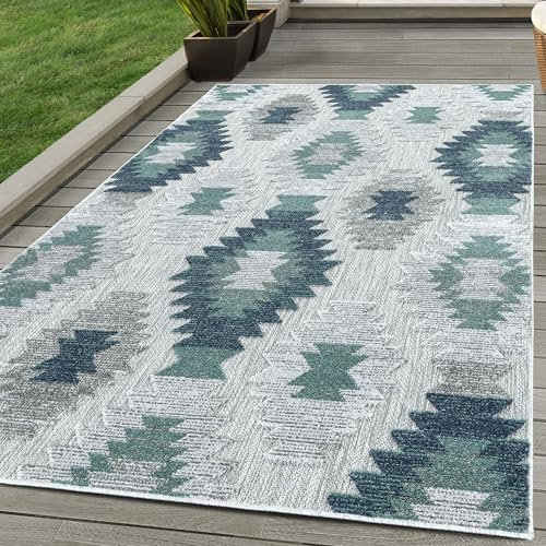 SIMPEX Outdoor Teppich, Berber-Design, Teppich Blau, 140 x 200 cm, Teppich Boho-Stil, Küche, Balkon, Terrasse, Garten, Picknick