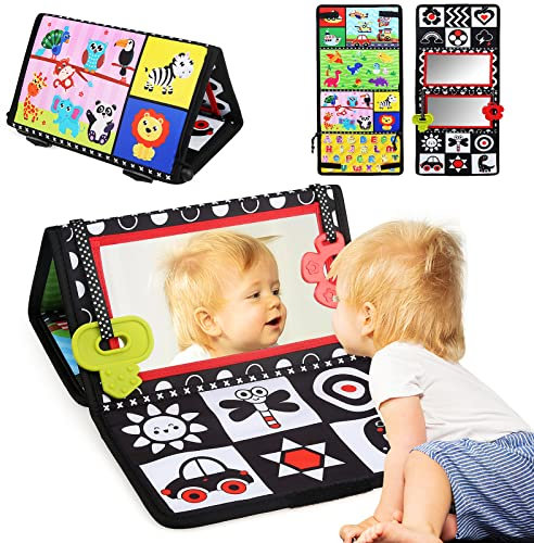LinStyle Baby Montessori Spielzeug mit Zwei Spiegeln, Faltbar Tummy Time Baby-Spielzeug, schwarz-weißes Kontrastmuster, Lernspielzeug für Neugeborene Geschenk