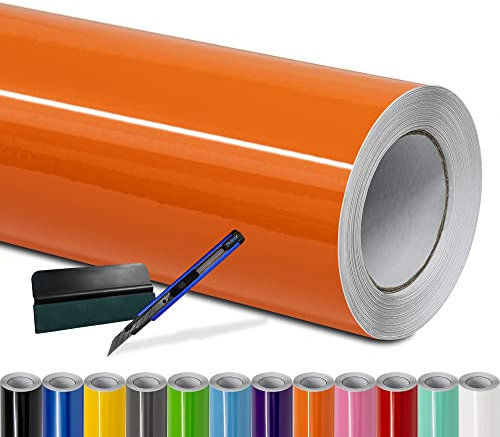 Folindo® Autofolie Orange Glanz (23€/m²) - 50 x 152 cm - Selbstklebende Car Wrapping Folie mit Luftkanälen - inkl. Rakel & Cutter - Blasenfreie Auto Folierung - Hochwertige Vinylfolie
