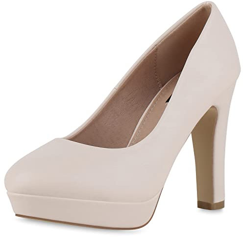 VAN HILL Damen Klassische Pumps Stiletto Schuhe Plateau Vorne Absatzschuhe Leder-Optik Plateauschuhe 210707 Beige 39