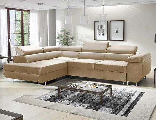 MODERNO Ecksofa mit Schlaffunktion und Bettkasten Avesta - Sofa +3 Sitzen mit Robusten Metallfüße - Schlafcouch L-Form - Modern Couch 277x203x73 cm - Ecke Links Velours Beige