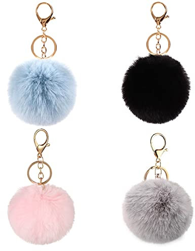 4 Stücke Pompons Schlüsselanhänger,Flauschige Pompom Taschenanhänger, Plüsch Taschenanhänger, Schlüsselanhänger Pompom, Accessoire Plüschball Schlüsselanhänger Für Handtasche Schlüssel Auto, 4 Farben