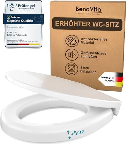 BenaVita Rialzo WC Premium 5 cm in Duroplast – Rialzo WC per anziani e persone con mobilità ridotta, per maggiore comfort, con chiusura ammortizzata – Portata fino a 175 kg