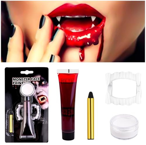 Kunstblut Fake Blood Halloween schminke SFX Makeup Kit, Face Paint Weiß + Schwarz + Kunst Blut und Vampir Zähne, Abwaschbar und Sicher für Fasching und Karneval, Sfx Make Up Face Body Paint