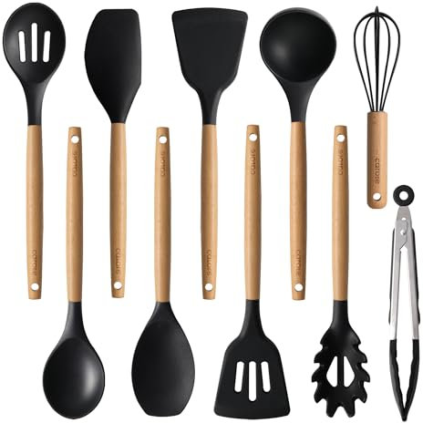 CAROTE Silicone Cooking Utensils Set for Nonstick Cookware, 446°F Heat Resistant Kitchen Utensil Set with Wooden Handle 10pcs, Spatula, Turner, Spoon, Tongs, Whisk