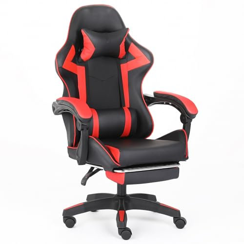 AUNEK Silla Gaming Ergonómica con Reposapiés, Respaldo Reclinable 90°–140°, Cojín Lumbar y Cabezal, Altura Ajustable, Tapizado en Cuero PU, Silla Gamer Giratoria para Oficina y Hogar (Negro/Rojo)