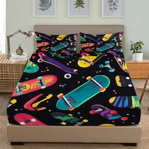 Spannbettlaken 120x200 cm, Farbenfrohes Skateboard Motiv Spannbetttuch Weiches Atmungsaktiv Schwarz SpannbetttüCher - Mikrofaser Bettlaken Tiefe Tasche 30 cm mit 2 KissenbezüGen