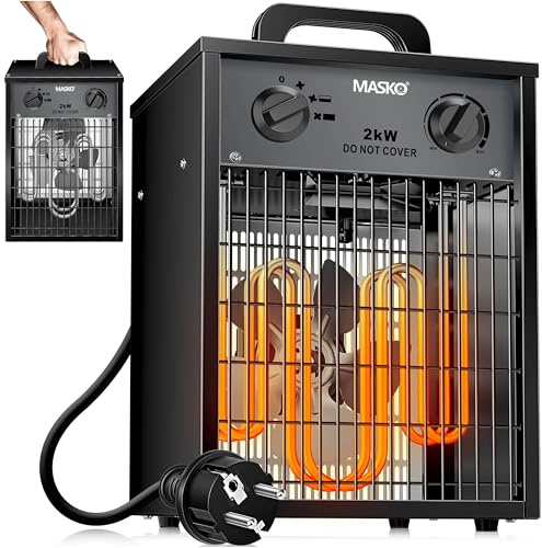 MASKO® Elektroheizer Heizlüfter Bauheizer 2 KW mit integriertem Thermostat elektrisch Heizgerät 2000 Watt 3 Heizstufen Heizgebläse für Innen- & Außeneinsatz Überlastschutz Elektroheizgebläse Anthrazit