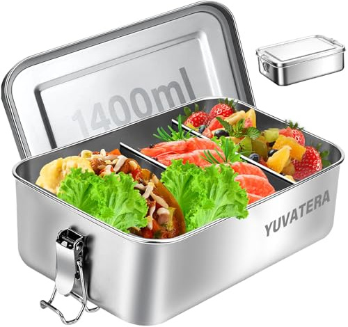 Fiambrera de Acero Inoxidable de 1400 ml, Fiambrera de Acero Inoxidable,A Presión y Anillo de Sellado de Silicona,sin BPA,Metal para Adultos y Niños,Apto para Lavavajillas